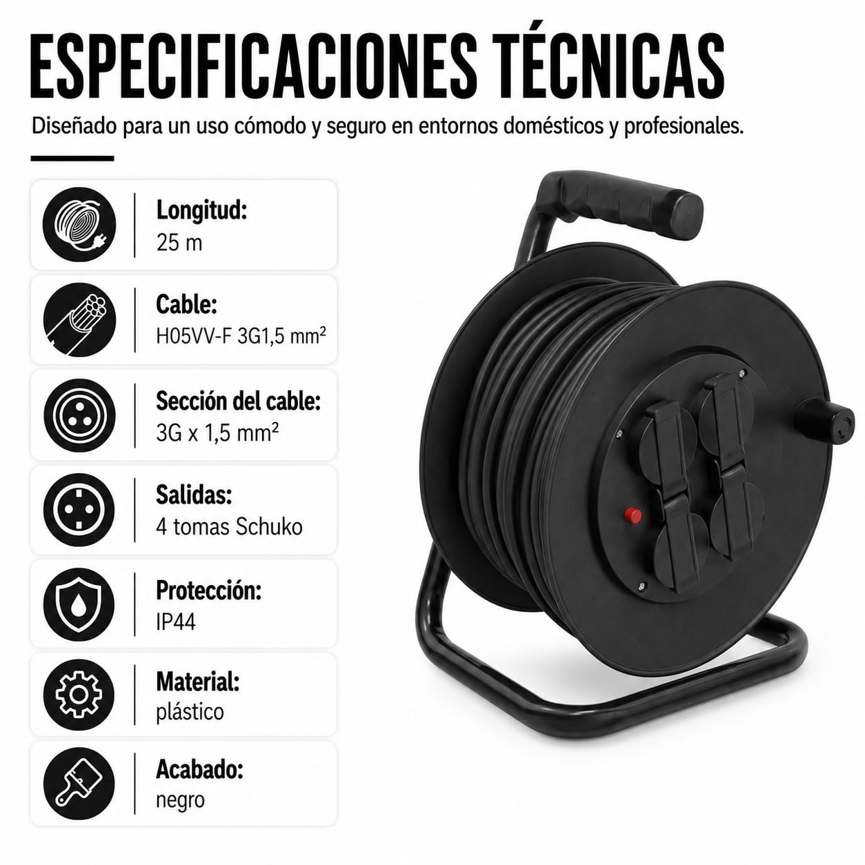 Enrollacables plástico con protector IP44 25m 3x1,5mm Negro - Silver Electronics
