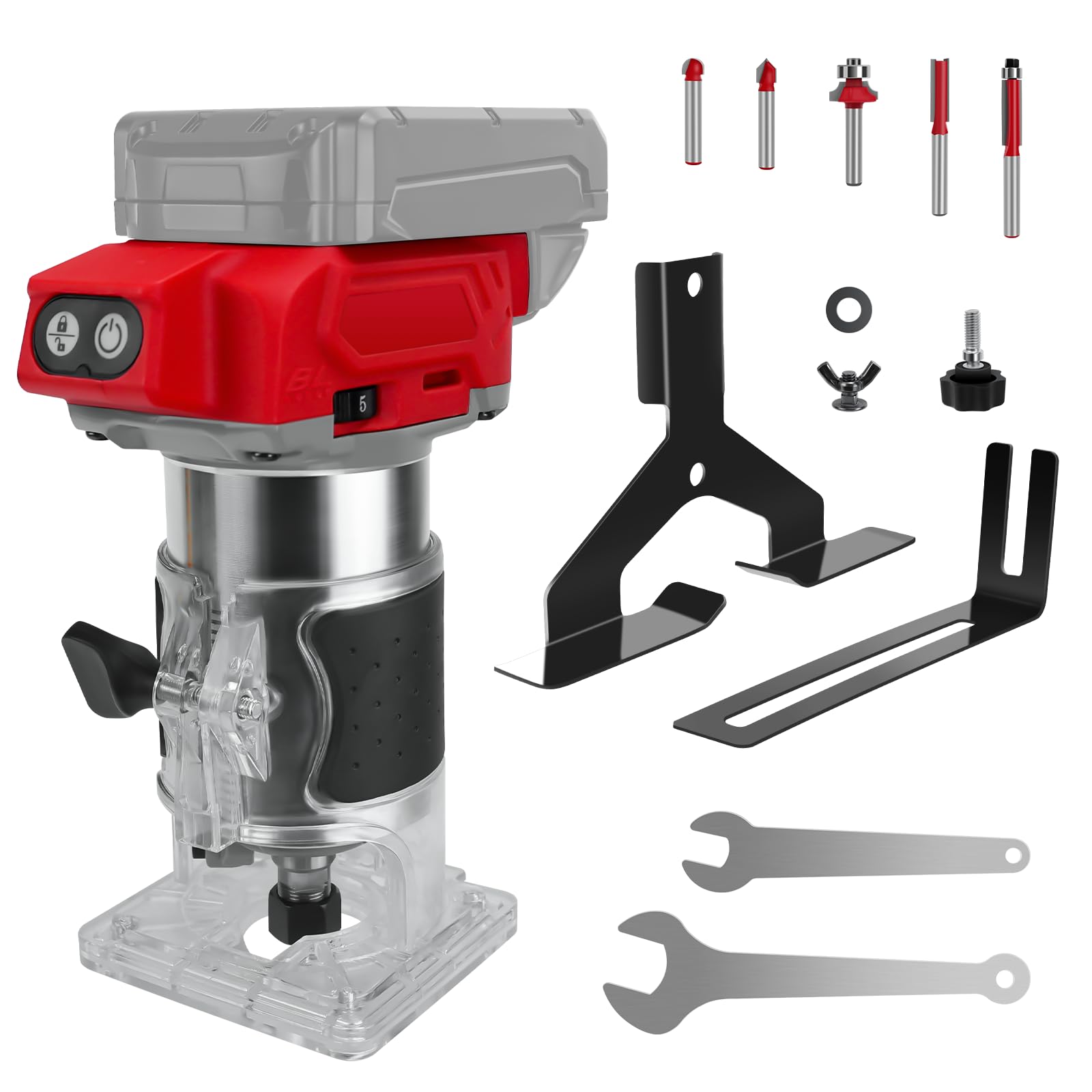 Fresa a batteria compatibile con batteria Milwaukee da 18 V, router senza spazzole da 800 W, con 5 marce, 30000 giri/min, 5 pezzi da 1/4" con collo in legno, taglio (senza batteria)