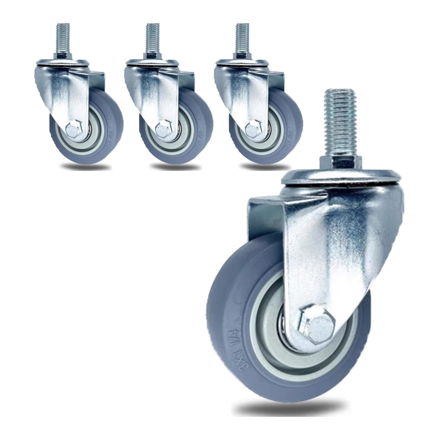 GYRAZXS 75mm Heavy Duty Swivel Castors with Brake 4pcs M14 M16 M20 Threaded Rubber Furniture Wheels 300kg Capacity for Appliances Trolleys and Furniture