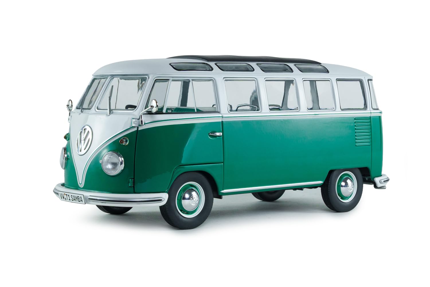 Solido - VW T1 Samba 1962 1:18 - Modellino di auto pressofuso, modello da collezione in metallo, verde/bianco, con base in plastica, scatola con finestra