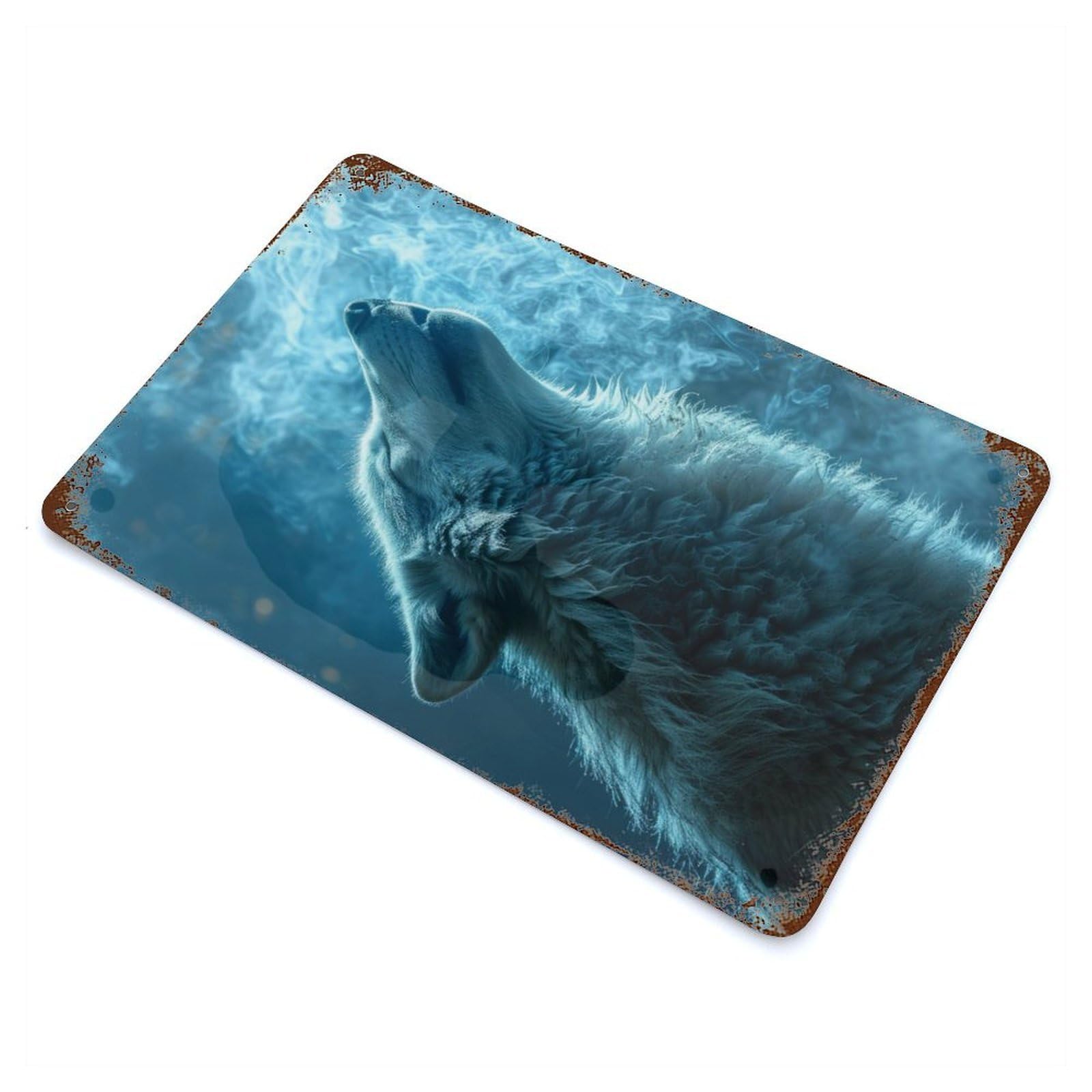 Howling White Wolf 11.8"x7.9" Aged Metal Wall Plaque, Classic Wall Plaque for Basement, Hobby Room And Garage Decor