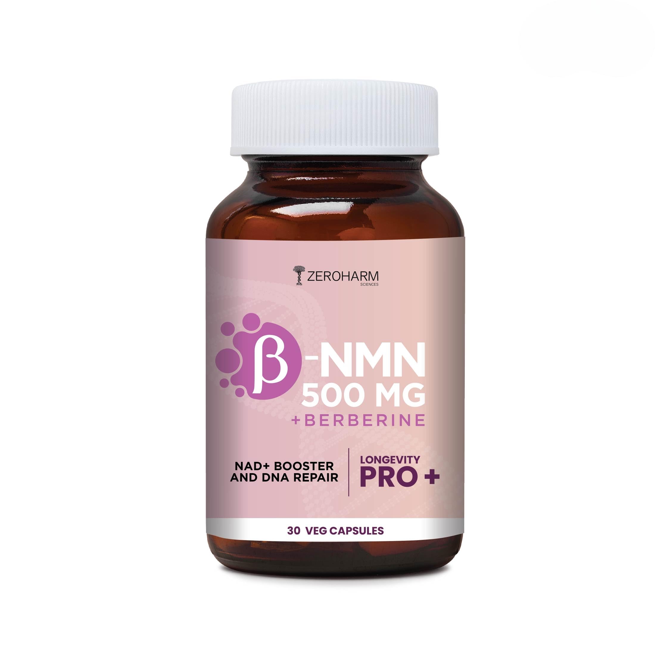 ZEROHARM NMN 500 MG + Berberine Capsules | Longevity Supplement | 99.5% Pure NMN | Boosts Energy, Focus & Cellular Health | NAD+ Booster | 30 Veg Capsules | For Men & Women