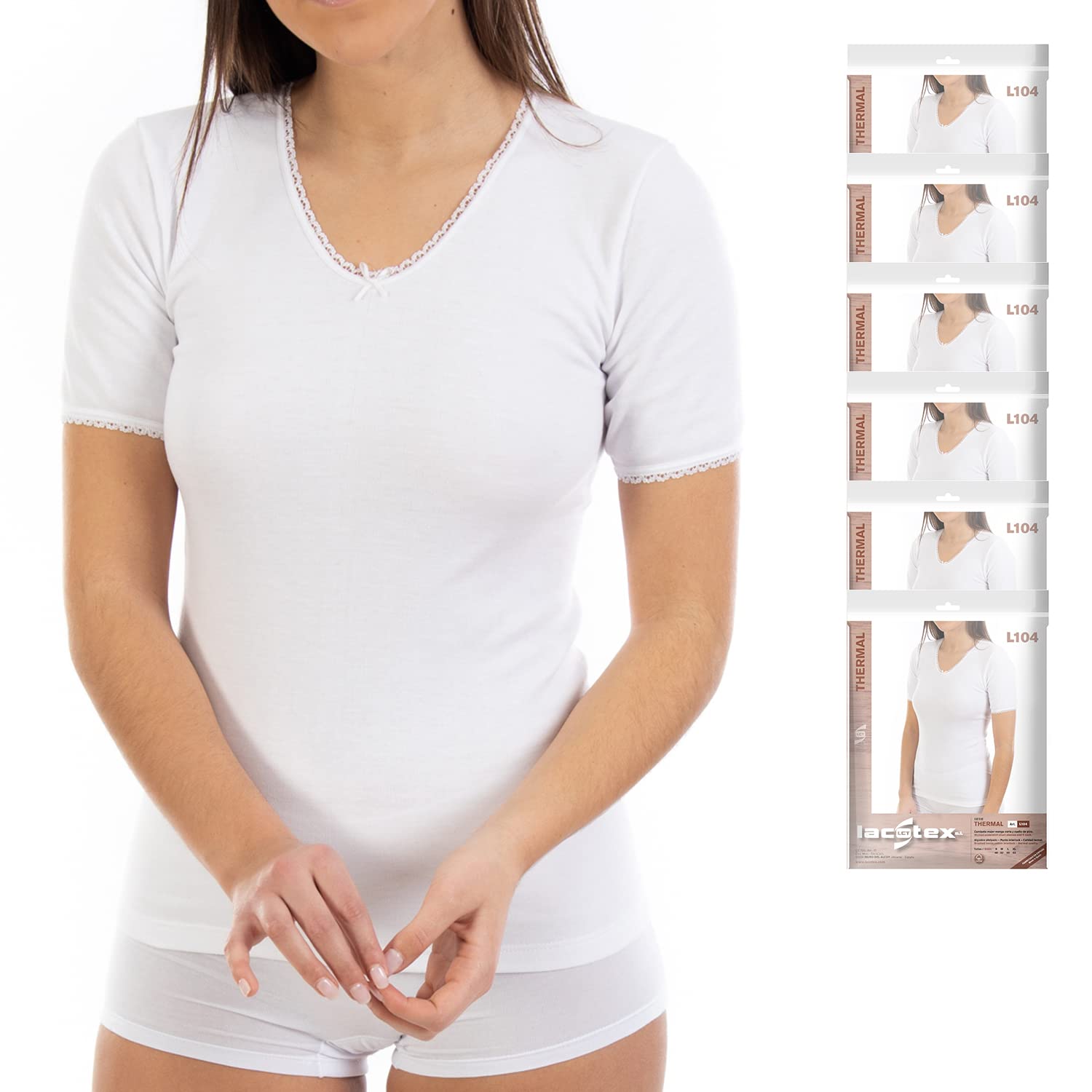Lacotex Camiseta Interior Termal de Mujer | Camiseta Manga Corta y Cuello Pico Térmica | Confort y Protección Térmica Interior | Pack Ahorro 6 Unidades | L104