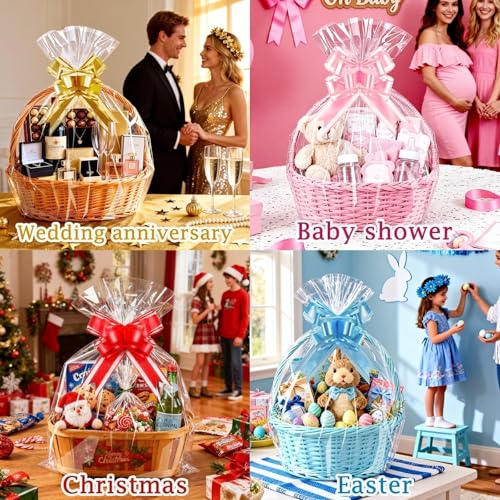 Image of PigPotParty Cellophane Bags for Gift Baskets, 24x30 in, 10 Pack, Blue Bows