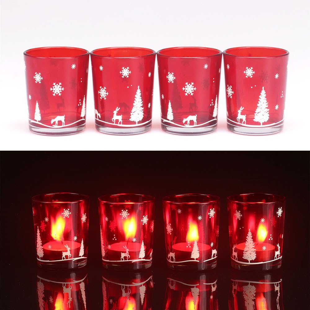 Hiseng Portavelas Cristal Roja Decorativas Navideña, Portavelas Velas de Té con Diseño de Alce árbol de Navidad, Porta Velas Vidrio para Decoración Hogar, Bodas, Fiestas (Juego de 12,Rojo)