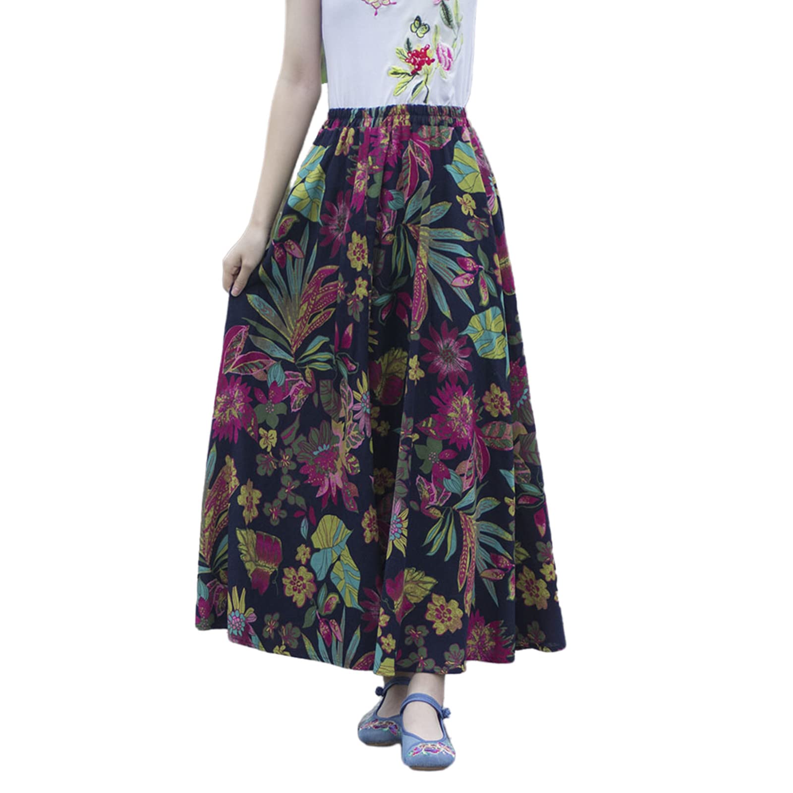 URYYRIT Strandkleid Frühlings- Und Herbst Frauen Böhmisch Großer Schwung Leinen Rock Strand Baumwolle Langer Rock Druck Hoher Taille EIN Langer Rock