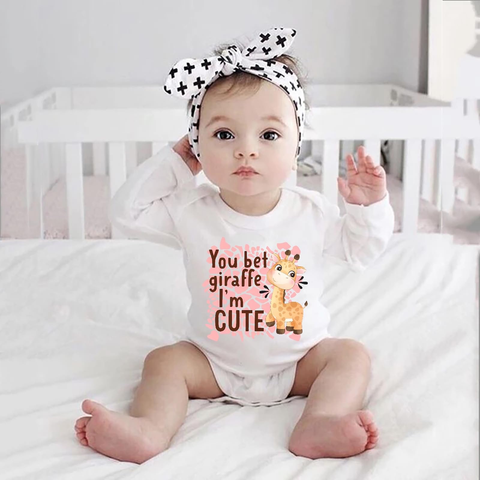 WOOYONGING You Bet Giraffe I'm Cute New Born Boy Clothes Long Sleeve Neutral Newborn Outfit White Baby Girl Romper 12 Month