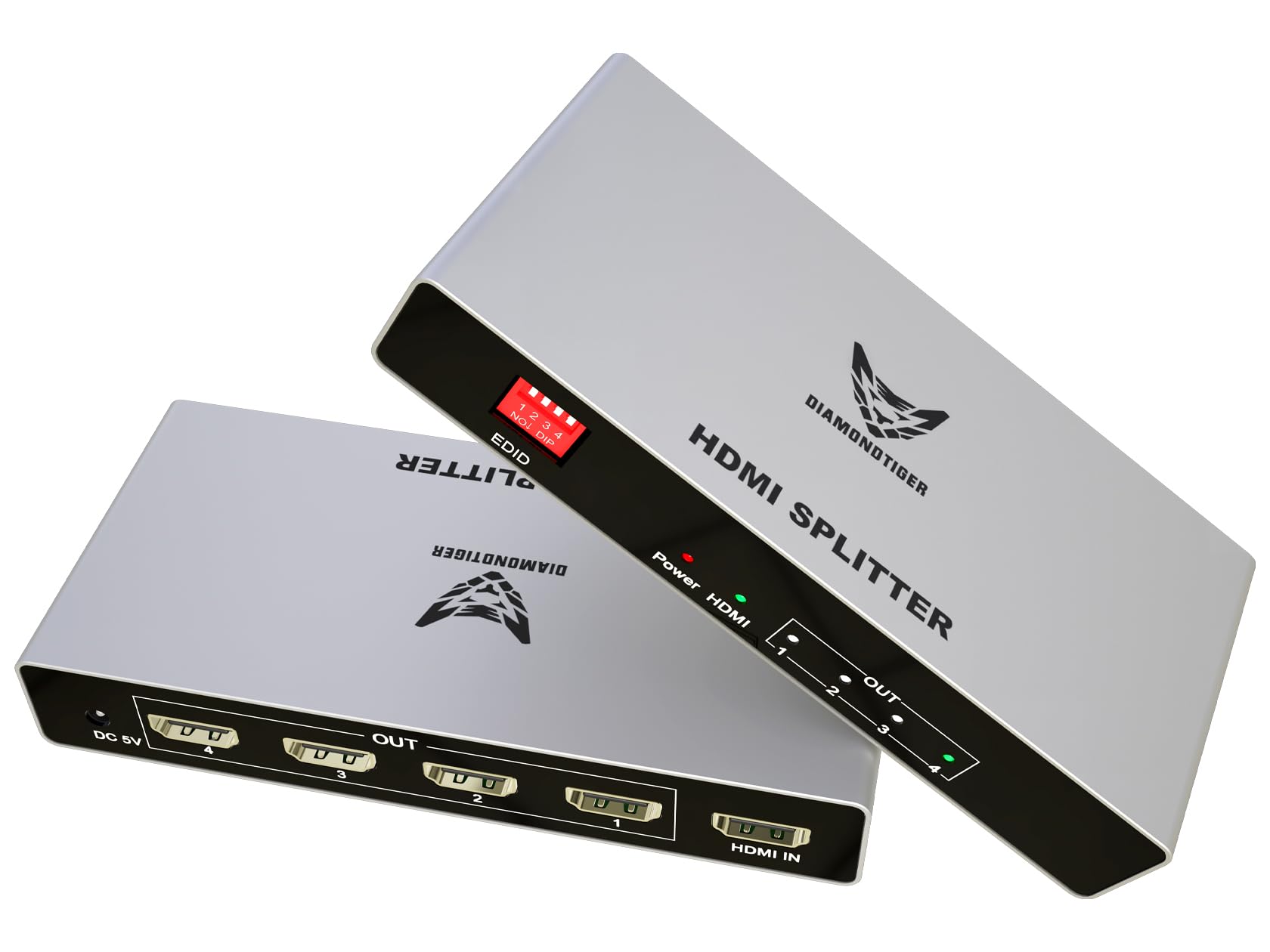 Splitter HDMI – DiamondTiger 4K HDMI Splitter 1 in 4 Out – Powered HDMI 2.0 Splitter 4 vie monitor uscite, supporta 4K @ 60Hz Ultra HD, HDCP 2.0, sincronizzazione audio video 3D, plug & play per HDTV