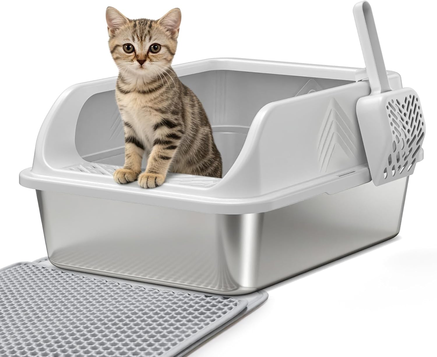 Stainless Steel Litter Box with Lid, Kitten Metal Cat Litter Boxes High Sided Enclosed for Small Cat and Injured Cats Rabbit, Anti-Urine Leakage | Non-Stick Bottom & Includes Scoop