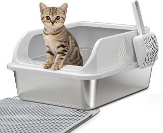 Stainless Steel Litter Box with Lid, Enclosed Metal Cat Litter Box with Built-in Carry Handle & 120° Flip-Top (Silver Gray, Small)