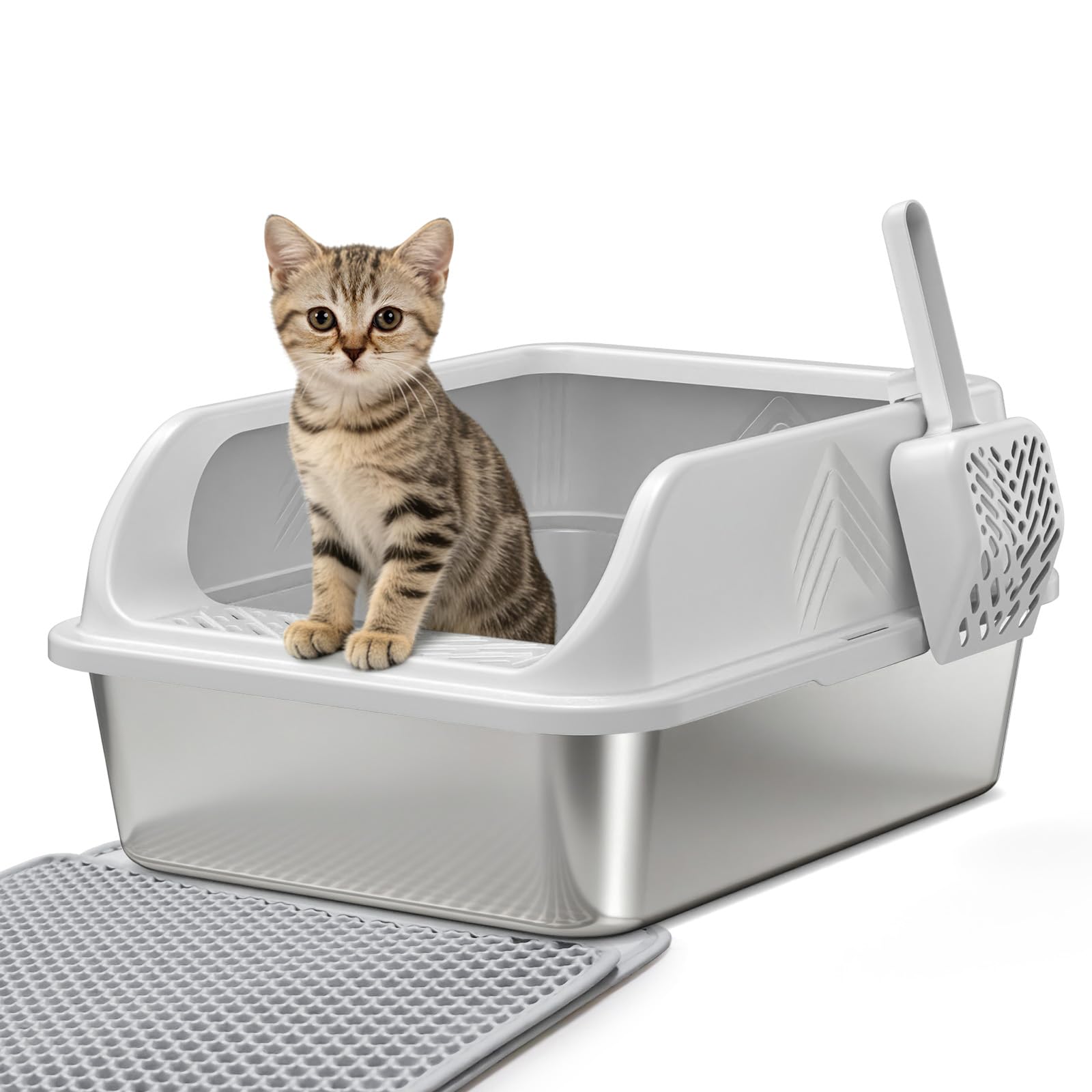 Stainless Steel Litter Box with Lid, Kitten Metal Cat Litter Boxes High Sided Enclosed for Small Cat and Injured Cats Rabbit, Anti-Urine Leakage | Non-Stick Bottom & Includes Scoop