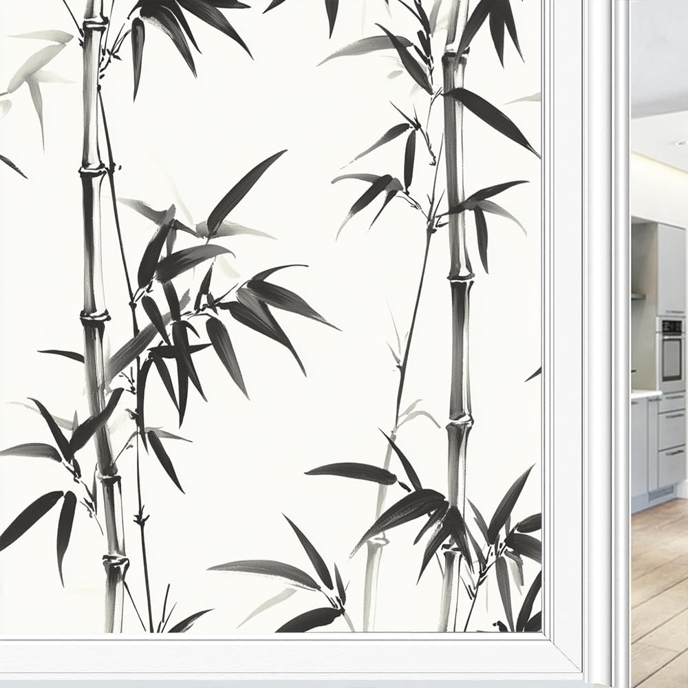Chinese Ink Bamboo Frosted Window Privacy Film, Vintage Plant Painting Glass Covering, Static Cling Window Sticker Decals for Home 70x100 cm