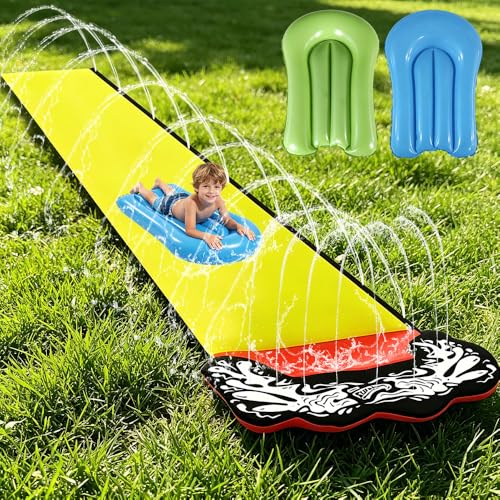 LYPPUL Toboggan Aquatique, 480 x 71 cm Toboggan pour Pelouse avec 2 Planches Gonflables, Toboggan de Pelouse d'été avec Arroseur Intégré pour Pelouse et...