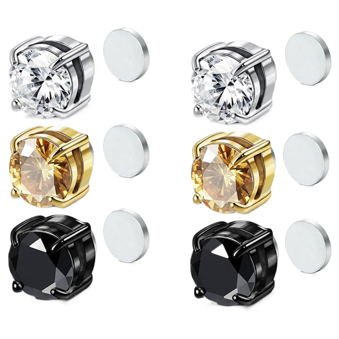 NTRUXZP 3 Pares 6mm Acero Inoxidable Imanes Pendientes Magnéticos Imán Hombre Mujer Niña Circonita Falsos Oreja Pendientes Sin Perforación Redondos Clip Sin Agujero No Piercing Pendiente Negro Plata Dorado
