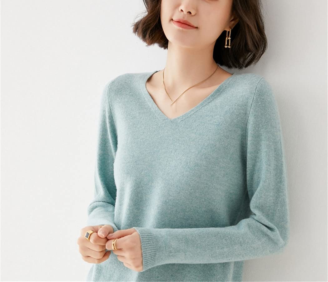 Maglione lavorato a maglia All-Match con scollo a V in lana da donna autunno inverno, Beige, XL