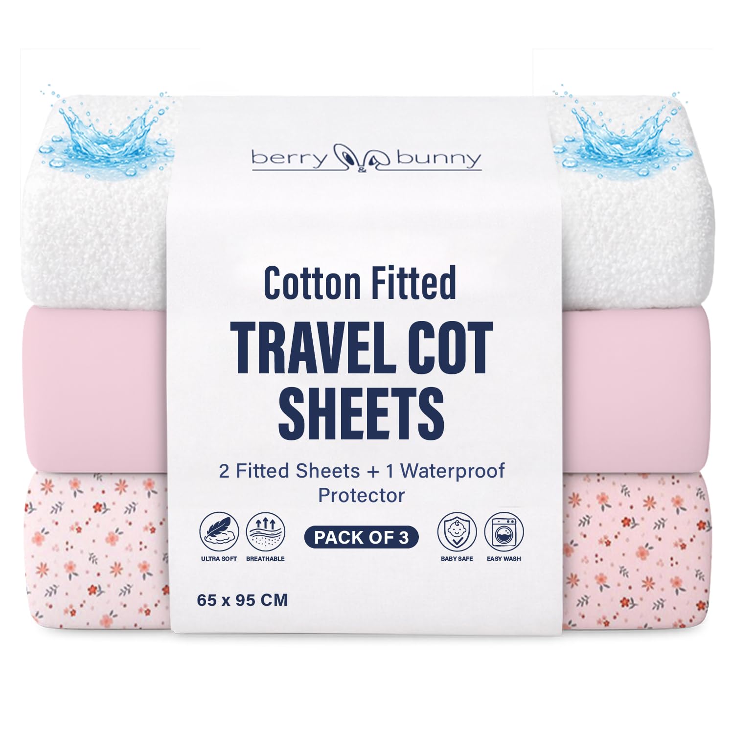 Berry & Bunny Terry White + Pink Flower 3 Pack Travel Cot Sheets 95 X 65 Cm – 100% Cotton 2 Fitted Sheets & 1 Waterproof Mattress Protector Cover – Soft Breathable Bedside Baby Cot Sheets For Baby Mattress – Pink Flower