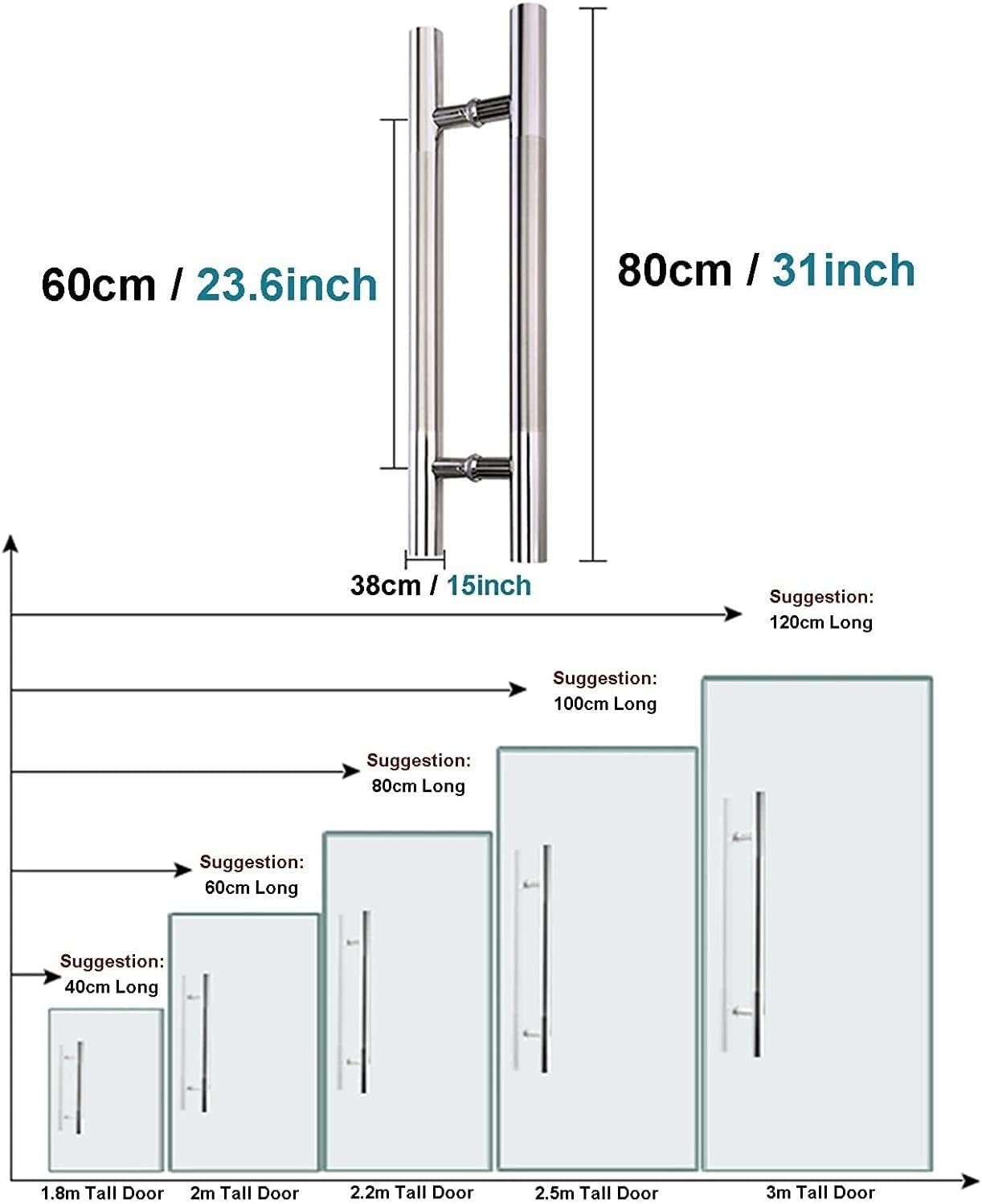 Silver 304 Stainless Steel Entry Push Pull Door Handle, Double Sided Door Handle, for Commercial, Home, Bathroom (Color : Silver, Size : 80cm/31in)