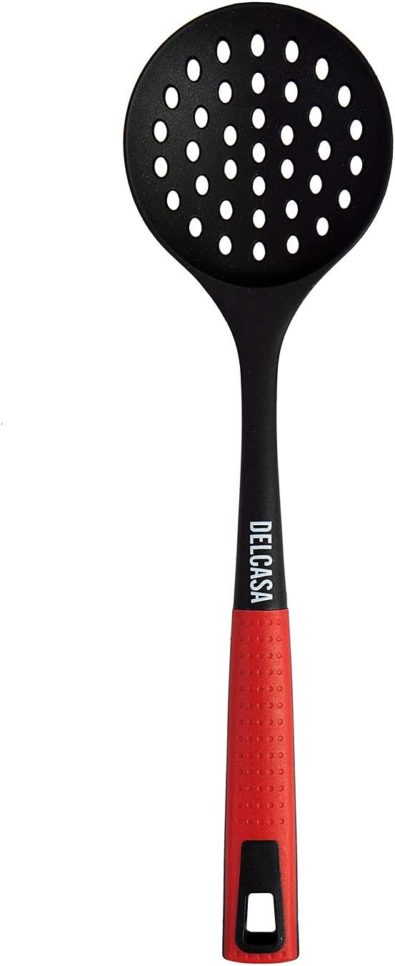 Delcasa DC1678 Nylon Skimmer Slotted Spoon Skimmer and Strainer Spoon Ergonomic Heat Resistant Handle, Comfortable Grip Strainer Ladle for Kitchen Non Stick Design, multi colour