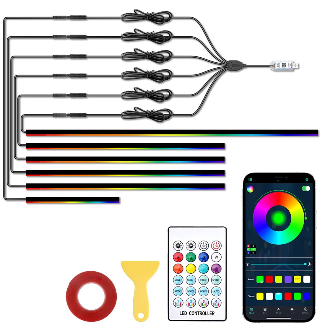 Acrylic Ambient Lighting Car Kit 6 in 1,16 Million Colors,213 Modes LED Strip Lights,Dynamic Dreamcolor Chasing Music Sync Wireless APP Control,for Car Cabin Trim Dash Decoration.