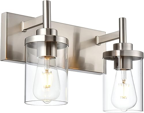 2 luces negras de tocador de pared de níquel cepillado industrial con pantalla de vidrio transparente, lámpara de pared mate para pasillo, baño,