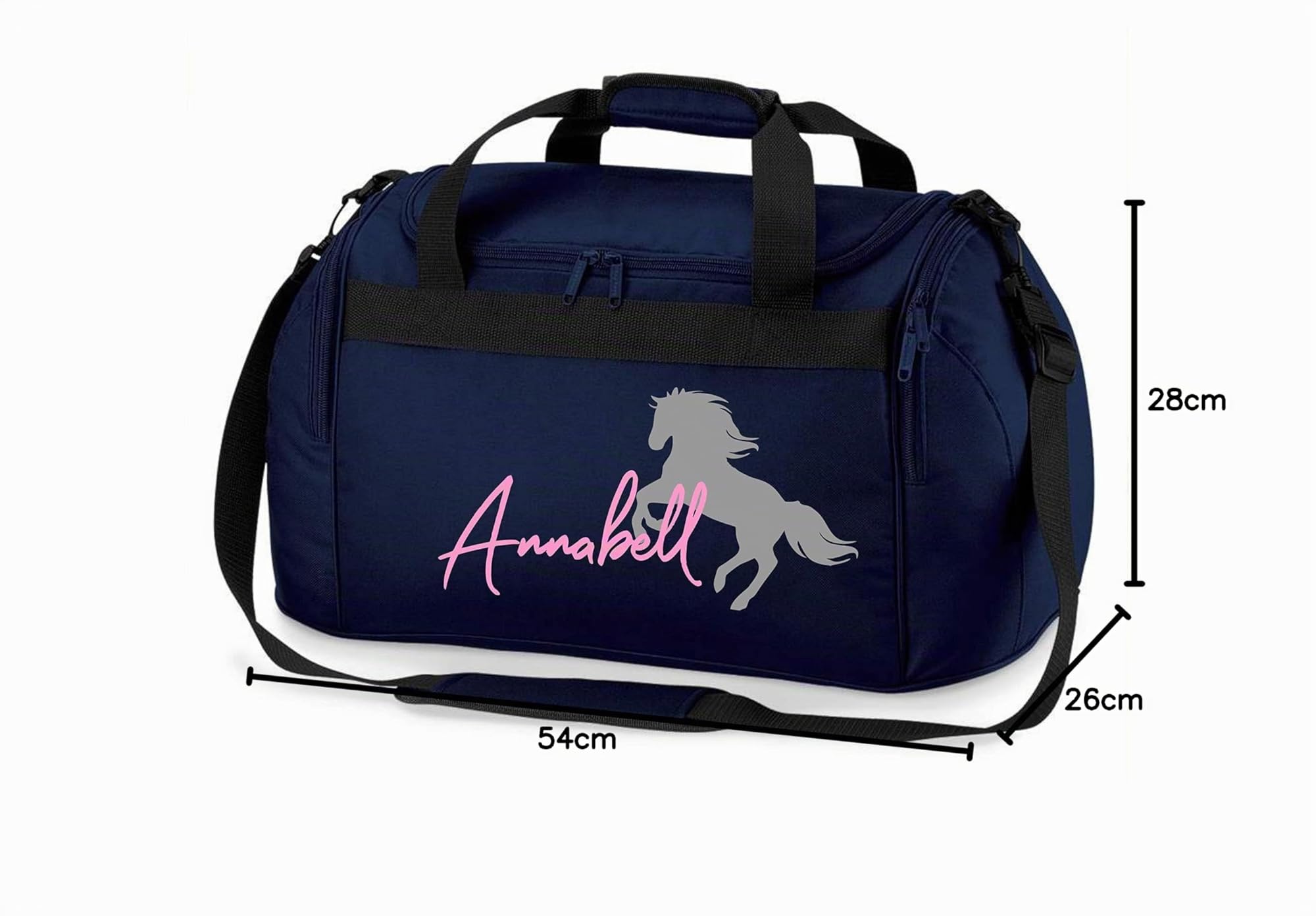 Borsa da equitazione con nome, personalizzabile, motivo: cavallo che si alza con nome, borsa sportiva per ragazze, per equitazione, disponibile in diversi colori, blu scuro