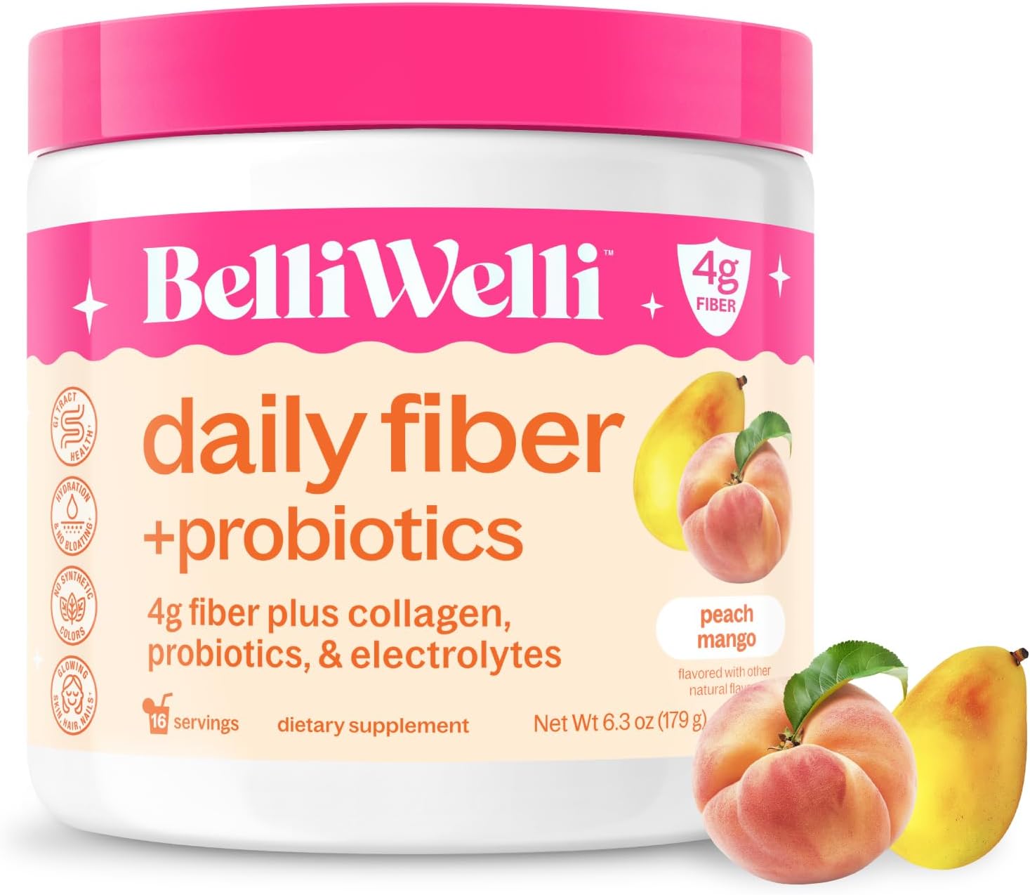 BelliWelli Fiber Supplement for Women & Men – Premium Daily Fiber Powder from Organic Acacia with Added Collagen, Electrolytes & Probiotics – No Bloat, Constipation & Gut Health Support (Peach Mango)