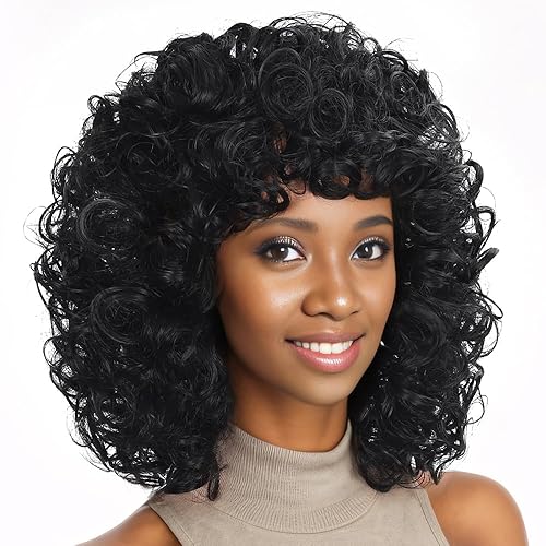 Retoleca Curly Wigs for Black Women Short Curly Wig with Bangs Afro Cute Wigs Natural Looking Soft Bouncy Fluffy Comfortable Light Weight Wig Heat