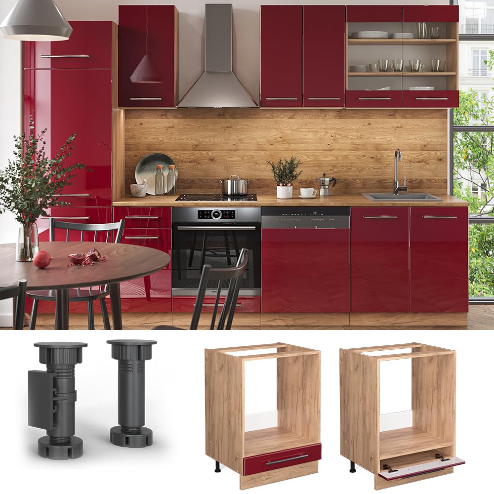 Vicco Herdumbauschrank Fame-Line, Bordeaux Hochglanz, 60 cm, AP Eiche, zur Kombination mit weiteren Modulen der Fame-Line Serie
