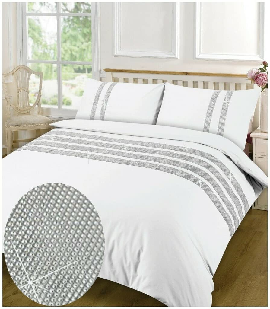 Goldstar White Dia Diamante Lace Egyptian Cotton Duvet Cover Bedding Set, Double,