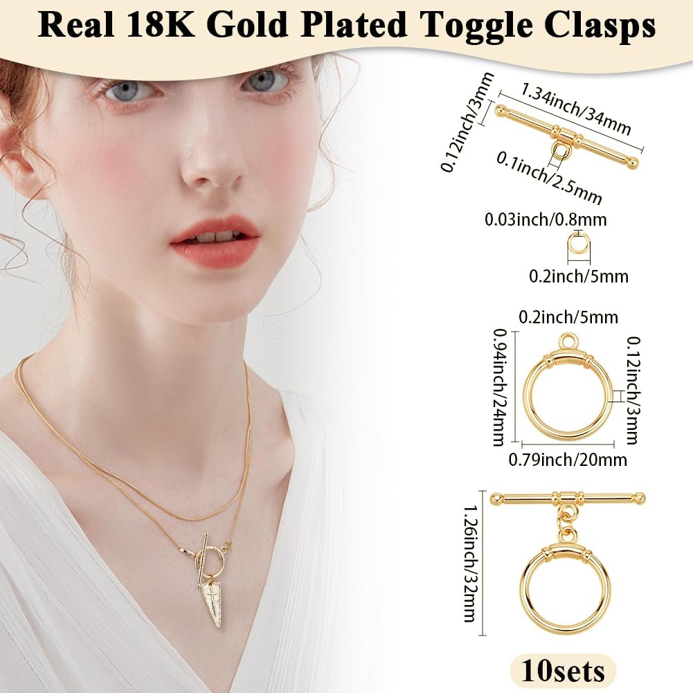 Beebeecraft 1 Box 10Pcs Toggle Jewelry Clasps 18K Gold Plated Brass T-bar Closure Round Toggle Claps Connectors with Jump Rings for Necklaces Bracelets Jewelry Making DIY Crafts