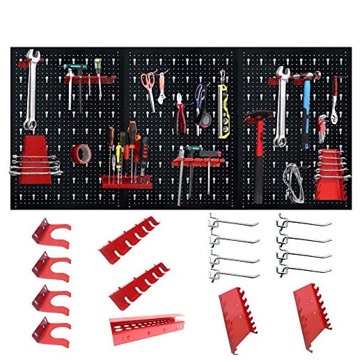 LZQ Werkzeuglochwand Werkzeugwand Lochwand aus Metall mit 17 teilge Hakenset 120 x 60 x 2 cm Schwarz und Rot Werkzeugwand Lochwand für Werkstatt