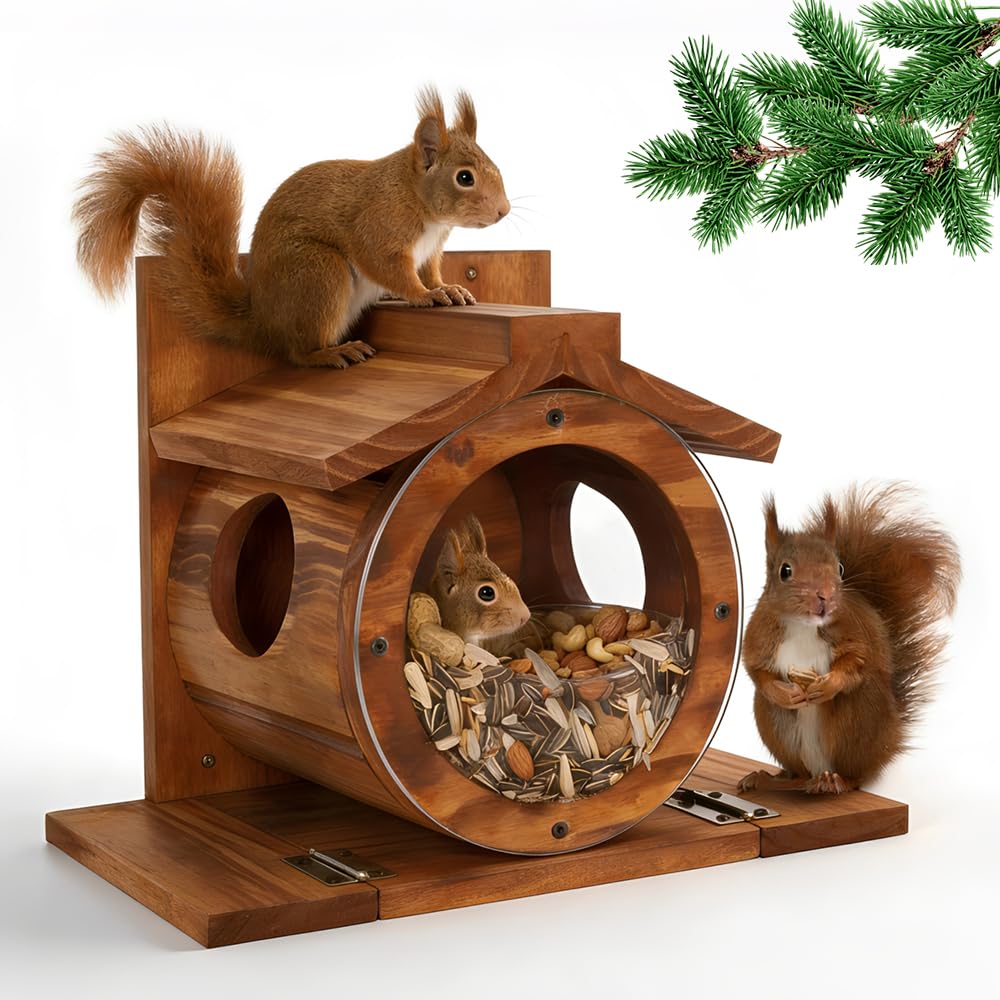 NAVESO Squirrel Feeder, Wooden Squirrel House Nesting Box for Nuts Corn, Peanuts, SquirrelFeeder Just for Squirrels, Chipmunk House Box for Outside Garden Yard, Backyard, Porch Decoration(B)