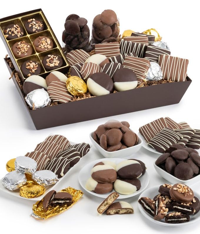 Image of From You Flowers Chocolate Covered Cookie Basket - Belgian Dipped Black & White Cookies & Sweet Treats for Birthday, Get Well & Thank You