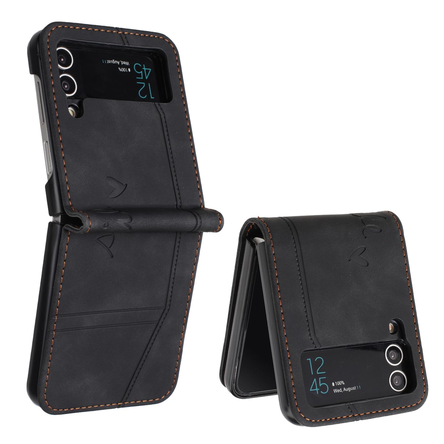 QIWEIQING Compatible for Samsung Galaxy Z Flip 4 Case, PU Leather Cover TPU Bumper with Card Holder Kickstand Hidden Magnetic Adsorption Flip Wallet Case Cover for Galaxy Z Flip 4.Black HX