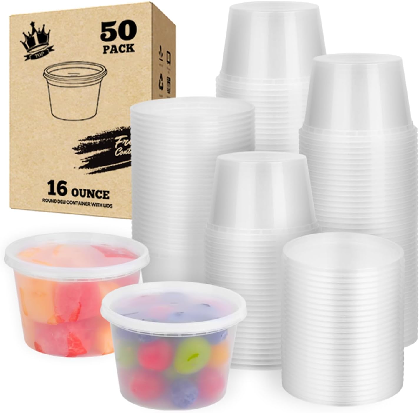 50set - 16oz Plastic Deli Container with lids, Airtight, for Slime, Soup, Meal Prep, BPA Free, Stackable, Leak Resistant, Microwave/Freezer Safe