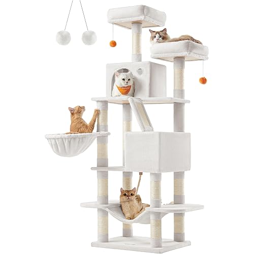 Feandrea Cat Tree, 66.1-Inch Large Cat Tower with 13 Scratching Posts, 2 Perches, 2 Caves, Basket, Hammock, Pompoms, Multi-Level Plush Cat Condo for Indoor Cats, Cream White UPCT165T01