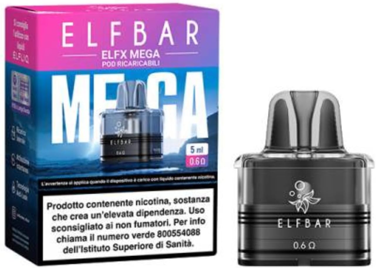 Elfbar ELFX Mega Replacement Pods, Easy Side-Fill Design, Leak Resistance, Long-Lasting Performance, MTL & RDL Vaping, Built-In Dual Mesh Coils, 2ml Cartridge Capacity, No Nicotine, (0.6 ohm)