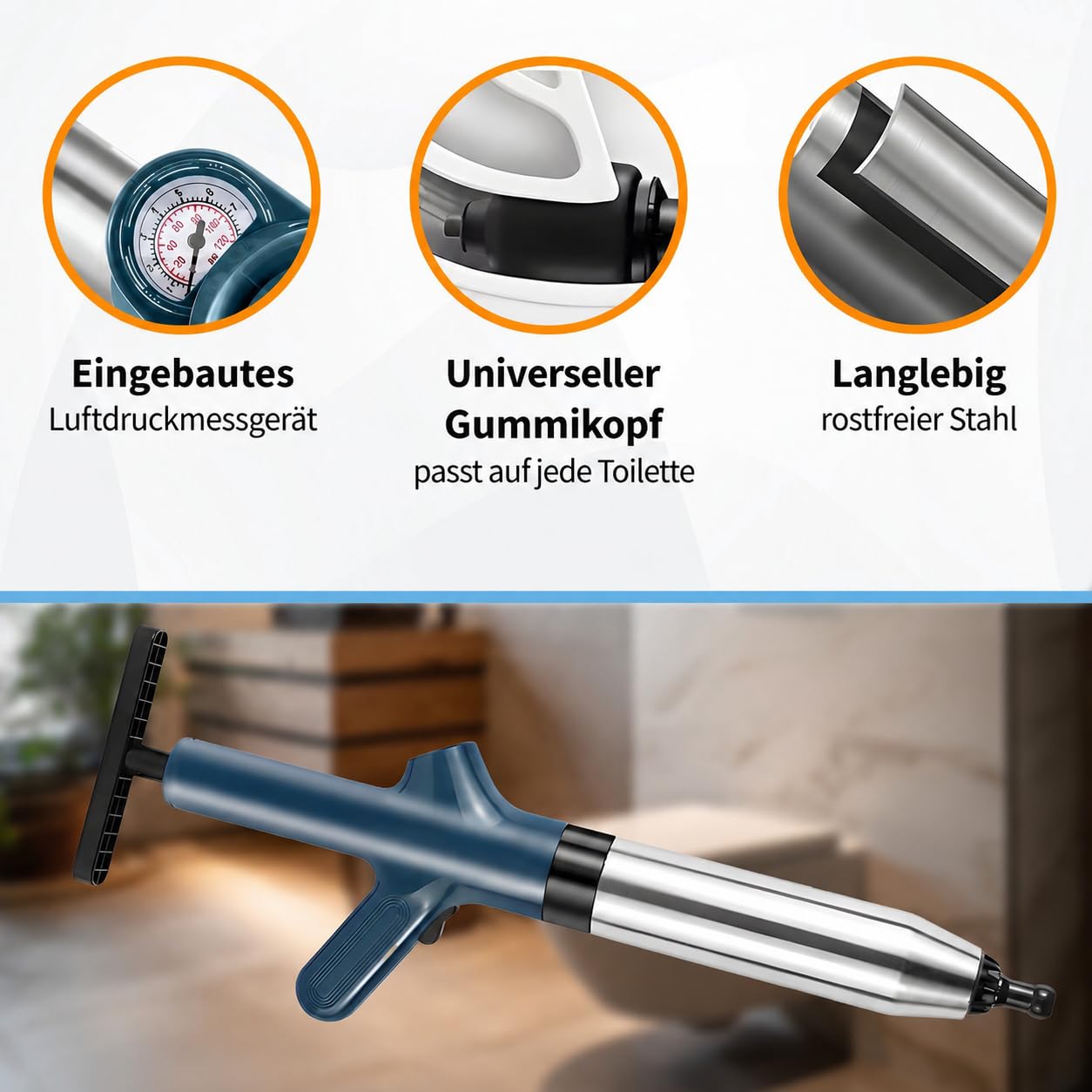 Professioneller Luftdruck Pumpe Entstopfen - 4 Entstopfungsköpfe - WC Waschbecken Abfluss Kanalisation - Edelstahl - 0-8 Bar
