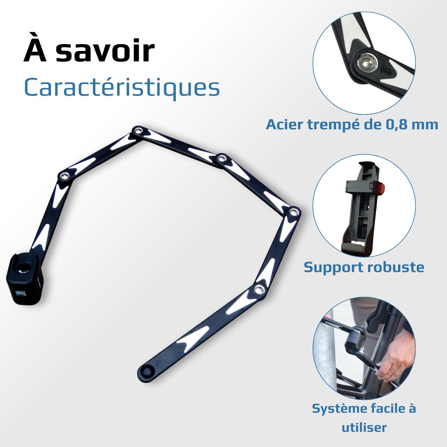 Antivol Pliable – Certifié ART 2 – Acier Trempé – Pour Vélo, Vélo Électrique et Trottinette – Avec Support – 95 cm