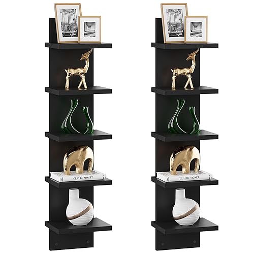 IBUYKE 5 Tier Wall Shelf Unit,Black Vertical Shelf,Floating Storage Shelf,Decorative