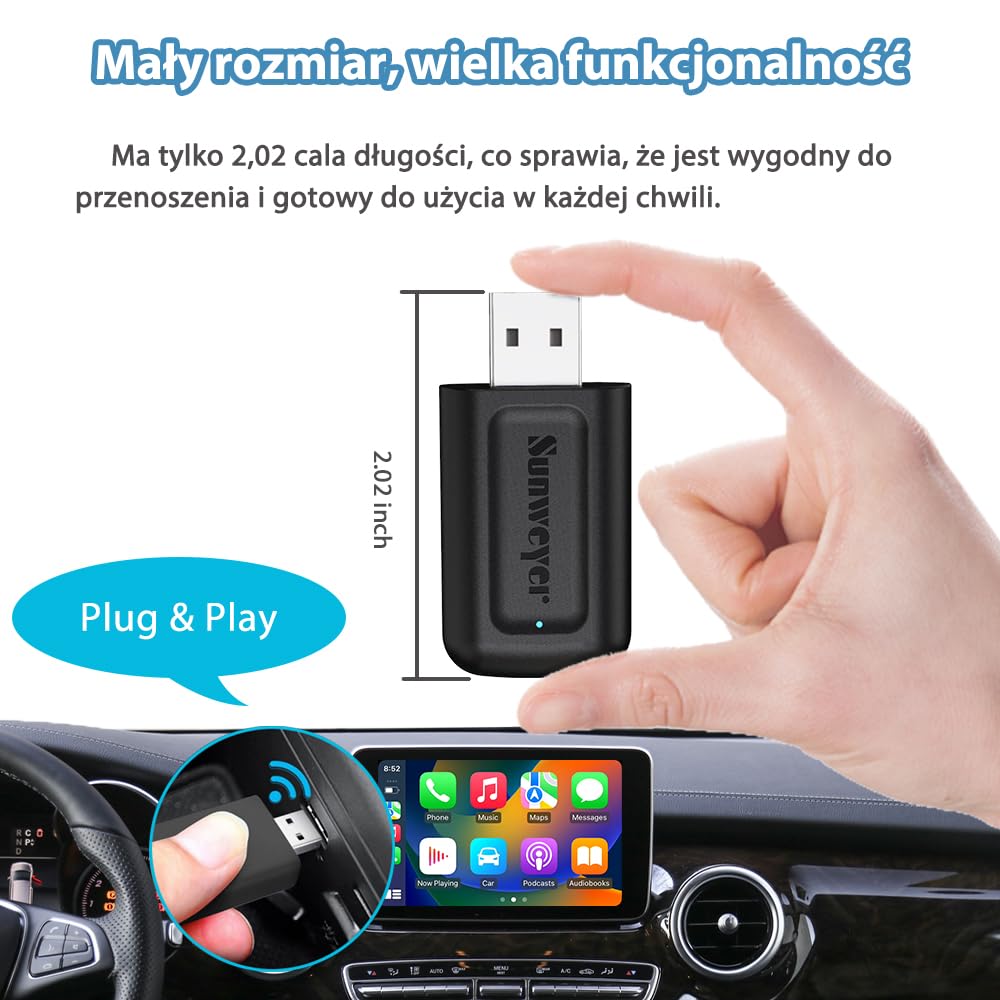 Sunweyer Bezprzewodowy Adapter CarPlay i Android Auto do Samochodów z Łącznością Przewodową | Port USB-A | Plug & Play | Automatyczne Łączenie (Niezgodny z BMW/Samochodami bez CarPlay)