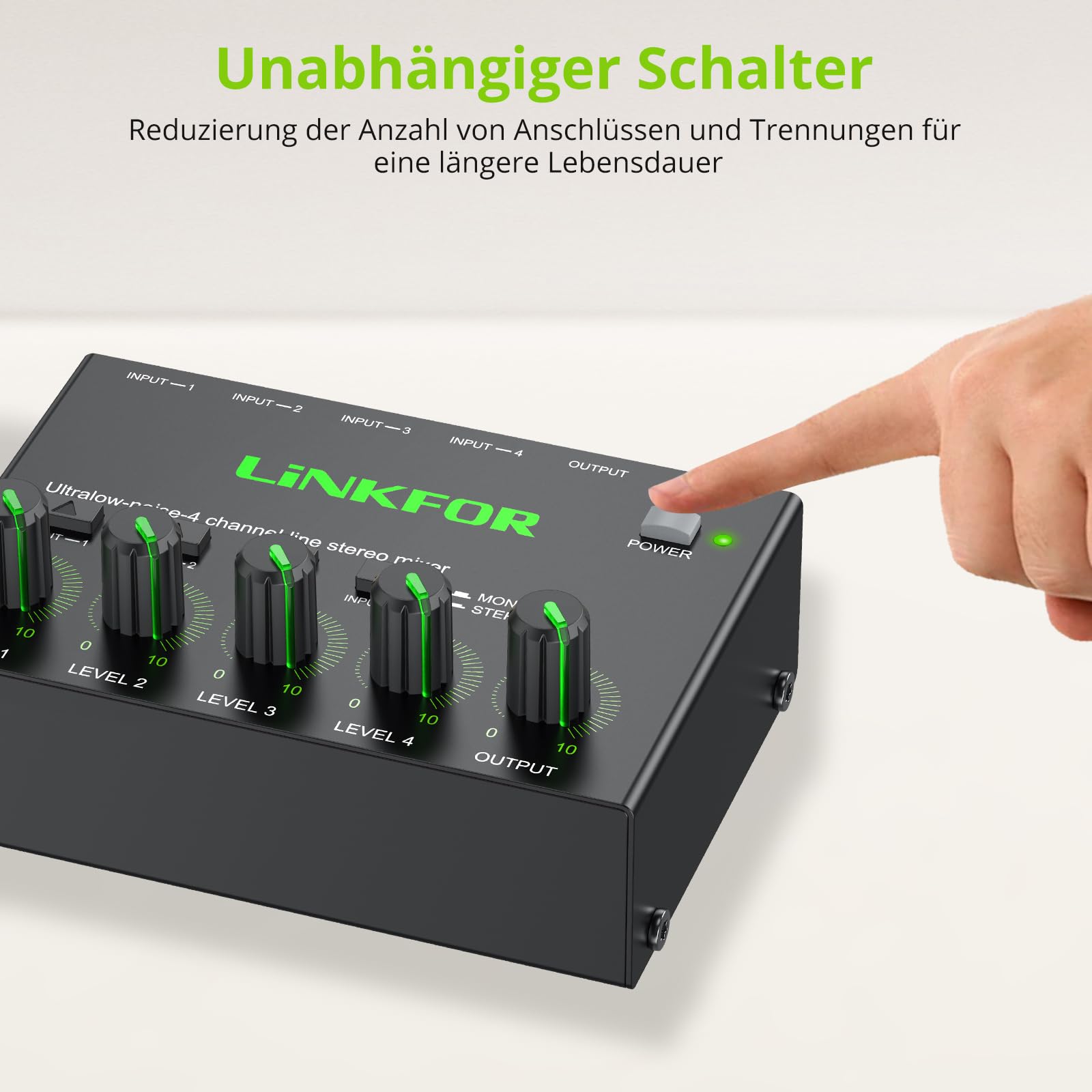 LiNKFOR 4 Kanal Stereo Audio Mixer, Ultra Niedriges Rauschen, Unabhängige Lautstärkeregelung, DC 5V Type-C Mini-Audiomischer mit Netzteil Audiokabel für Mikrofone, Gitarren, Bässe, Keyboards