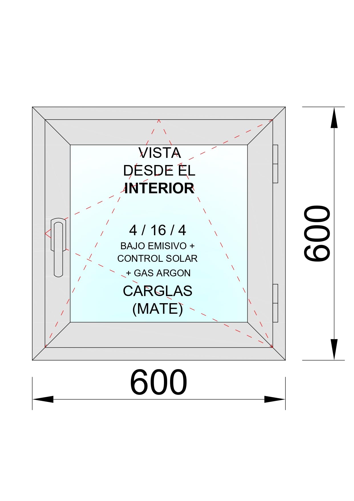 Ventanastock PVC 600x600 Practicable Oscilobatiente Derecha 1 hoja con vidrio Carglass (Climalit Mate)