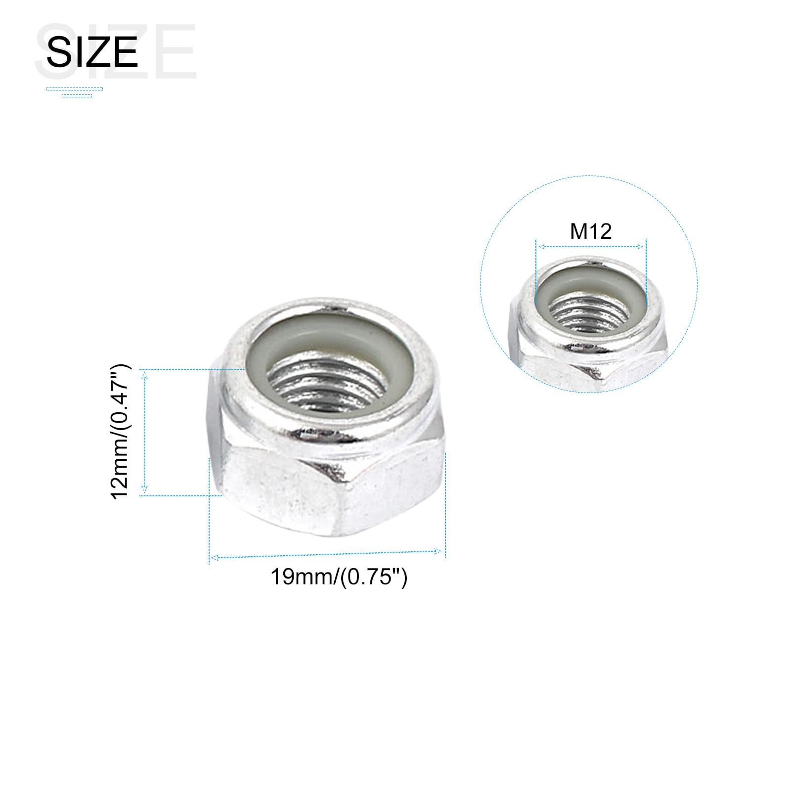 METALLIXITY Dado Esagonale Bloccaggio Elementi Fissaggio(M12x1,5mm) 10pz, Acciaio Carbonio Zinco Placcato Nylon Inserito Autobloccanti Dadi - per Auto Garage Nave, Argento Tono