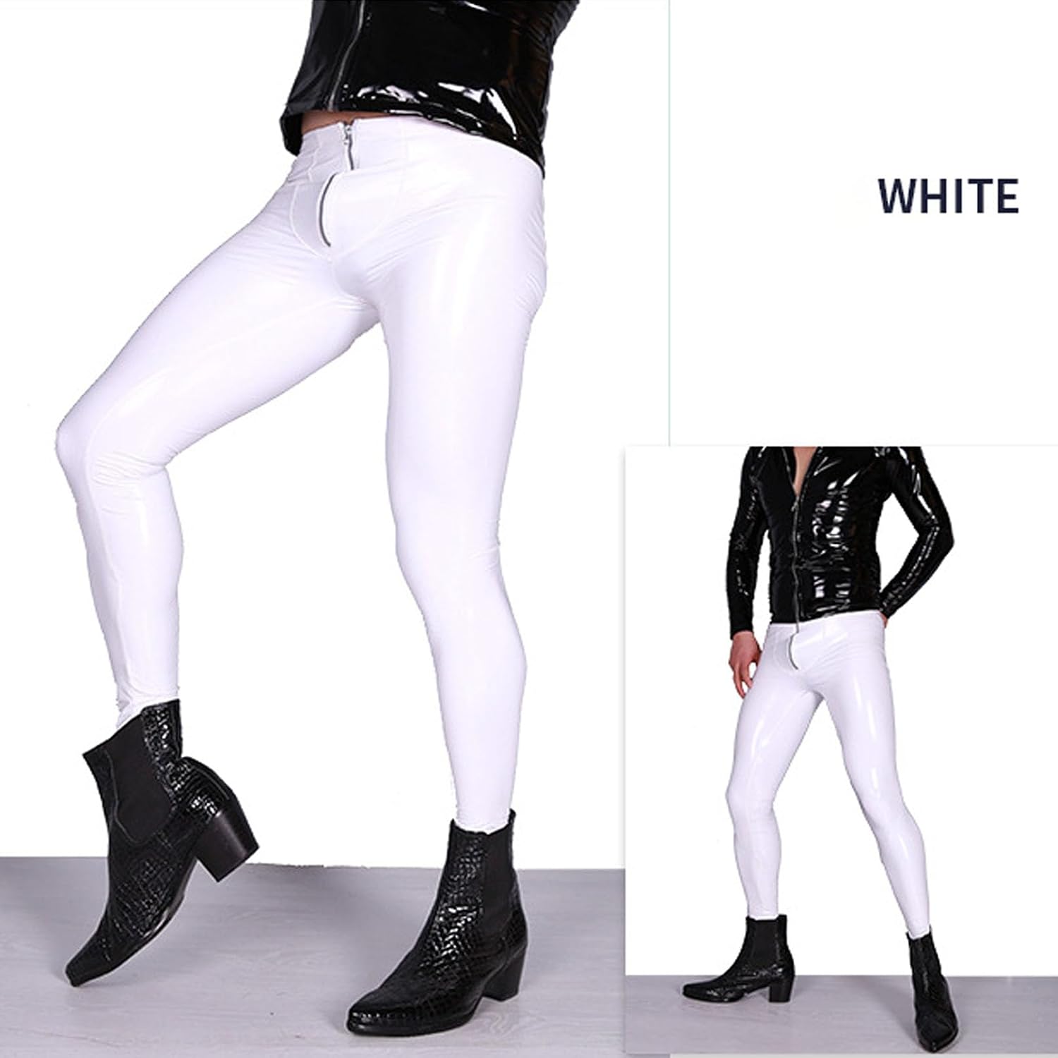 Men's Shiny Low Rise Slim Fit PVC Leather Pants Pencil Stretchy Leggings Tight Trousers