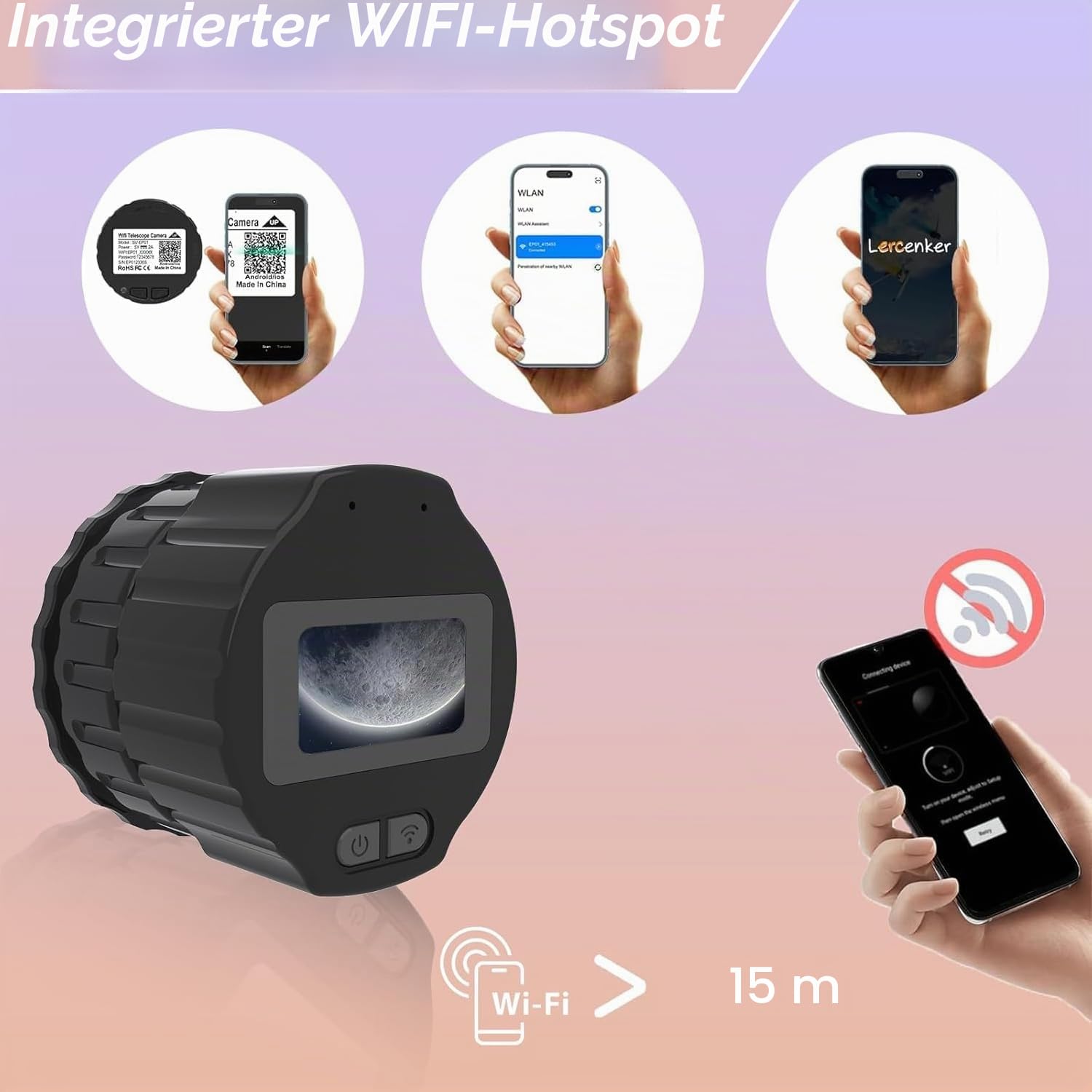 WiFi-Okularkamera,mit 1.5-Zoll-Bildschirm, 2.5K-Video,1920 x 1080 Pixel, geeignet für 24-50 mm optisches Teleskopmikroskop und Monokular-Fernglas, mit 64GB Speicherkarte