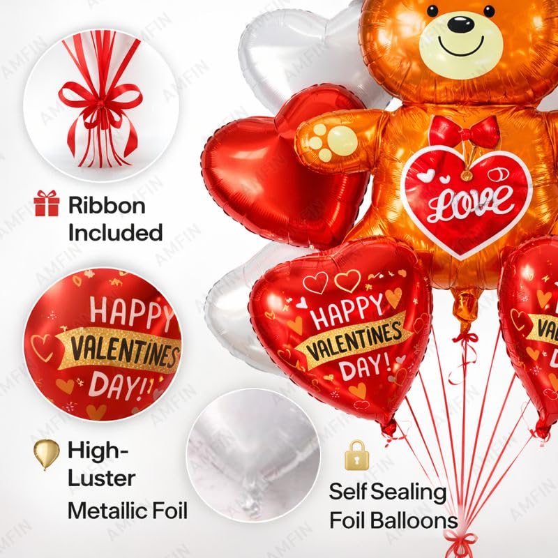 Image of AMFIN (Pack of 7) Happy Valentine's Day Foil Balloon Bouquet Teddy Heart Romantic Decoration Item - Red Gold