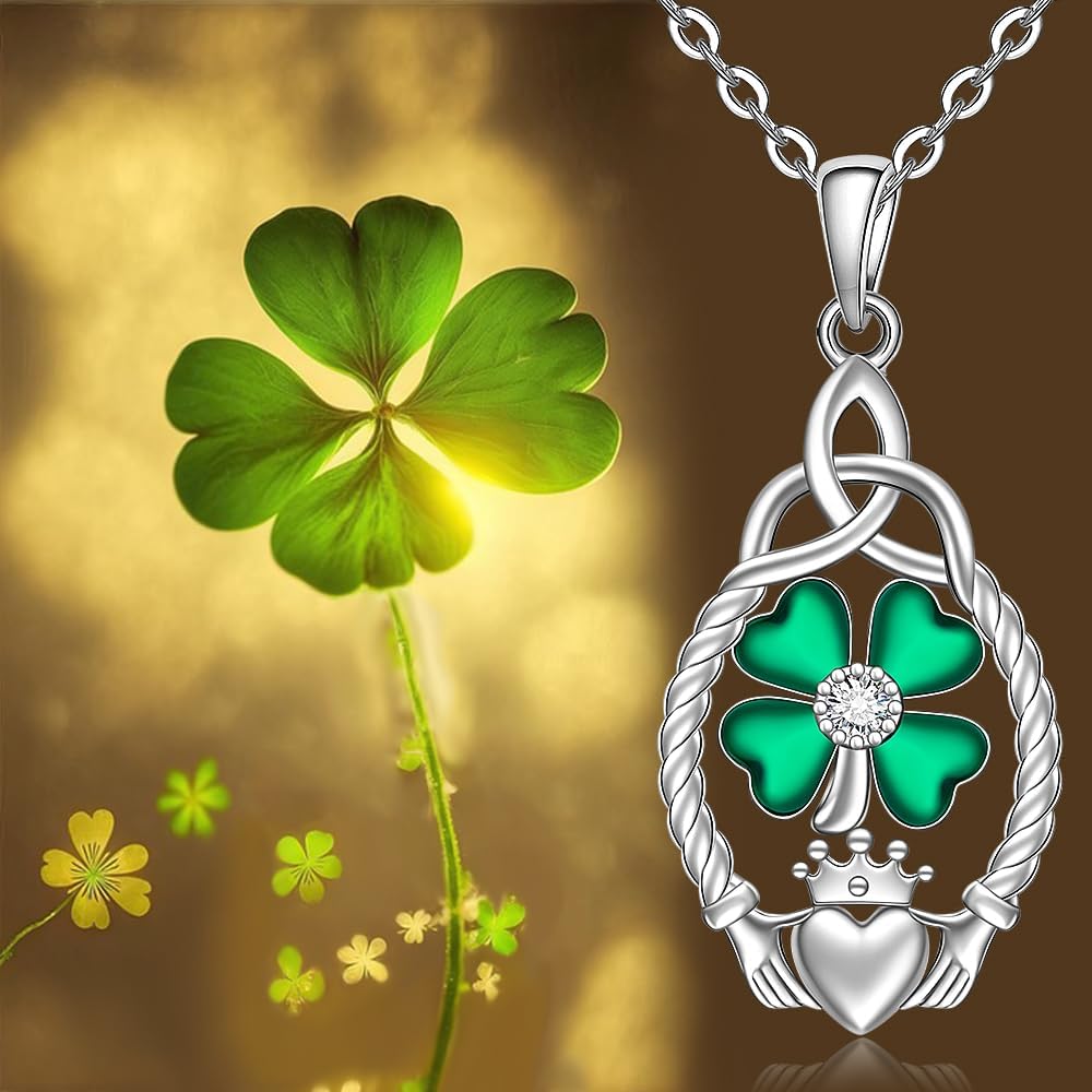 Fenthring St Patricks Day Shamrock Necklace Four Leaf Clover Necklace for Women Sterling Silver Celtic Claddagh Lucky Green Irish Shamrock Pendant Jewelry - Image 5