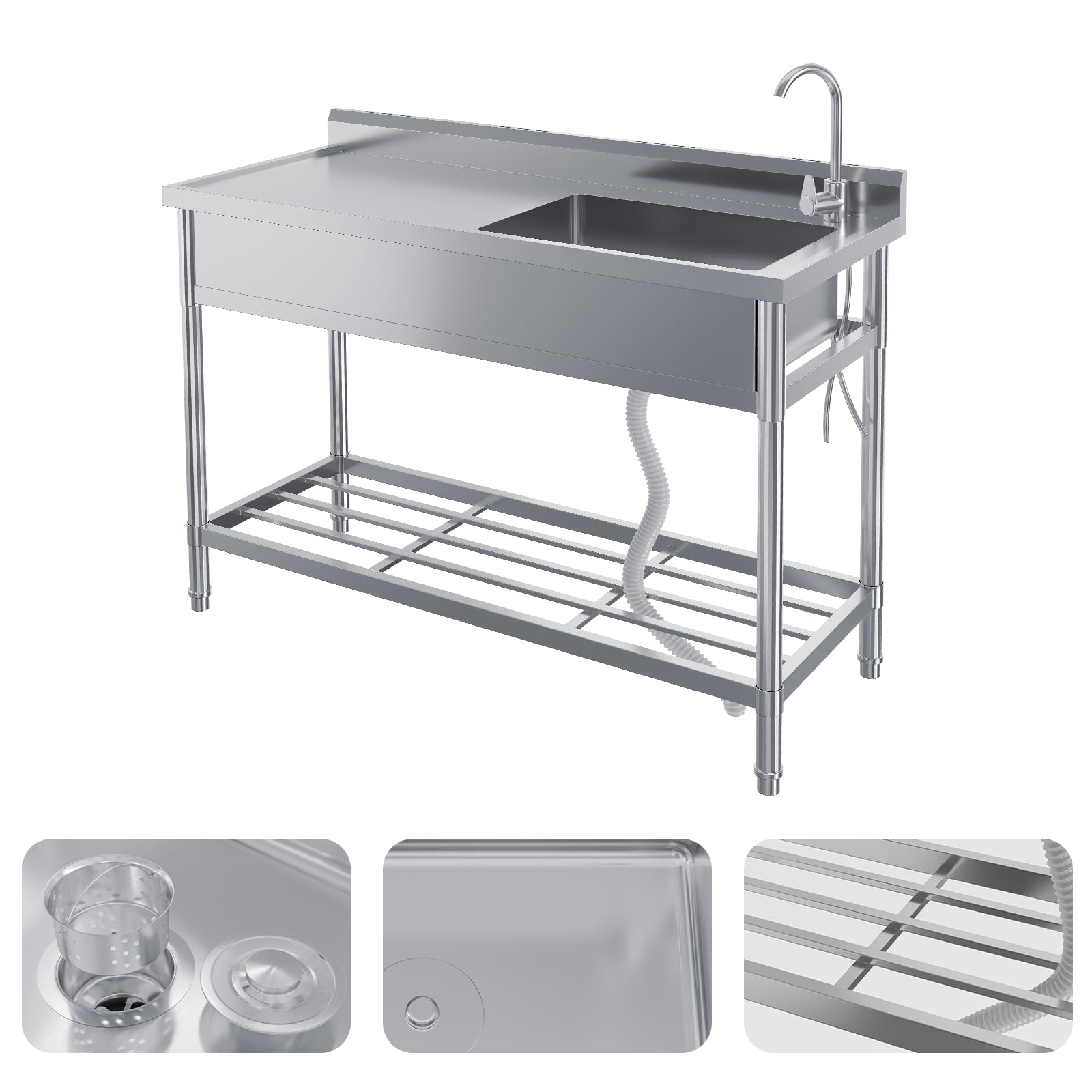 GarveeLife Freistehend Edelstahl Multifunktionswaschtisch, freistehend, große Arbeitsfläche, für Waschküche/Garage/Hauswirtschaftsraum, 120x50x96cm