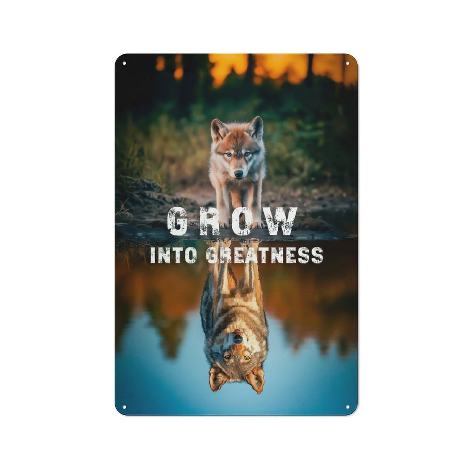 Junmoney Wolf Reflection - Grow Into Greatness Metal Sign 30X20cm With For Pub Or Café, Retro Decor, For Cooler-Month Interiors With Retro Character